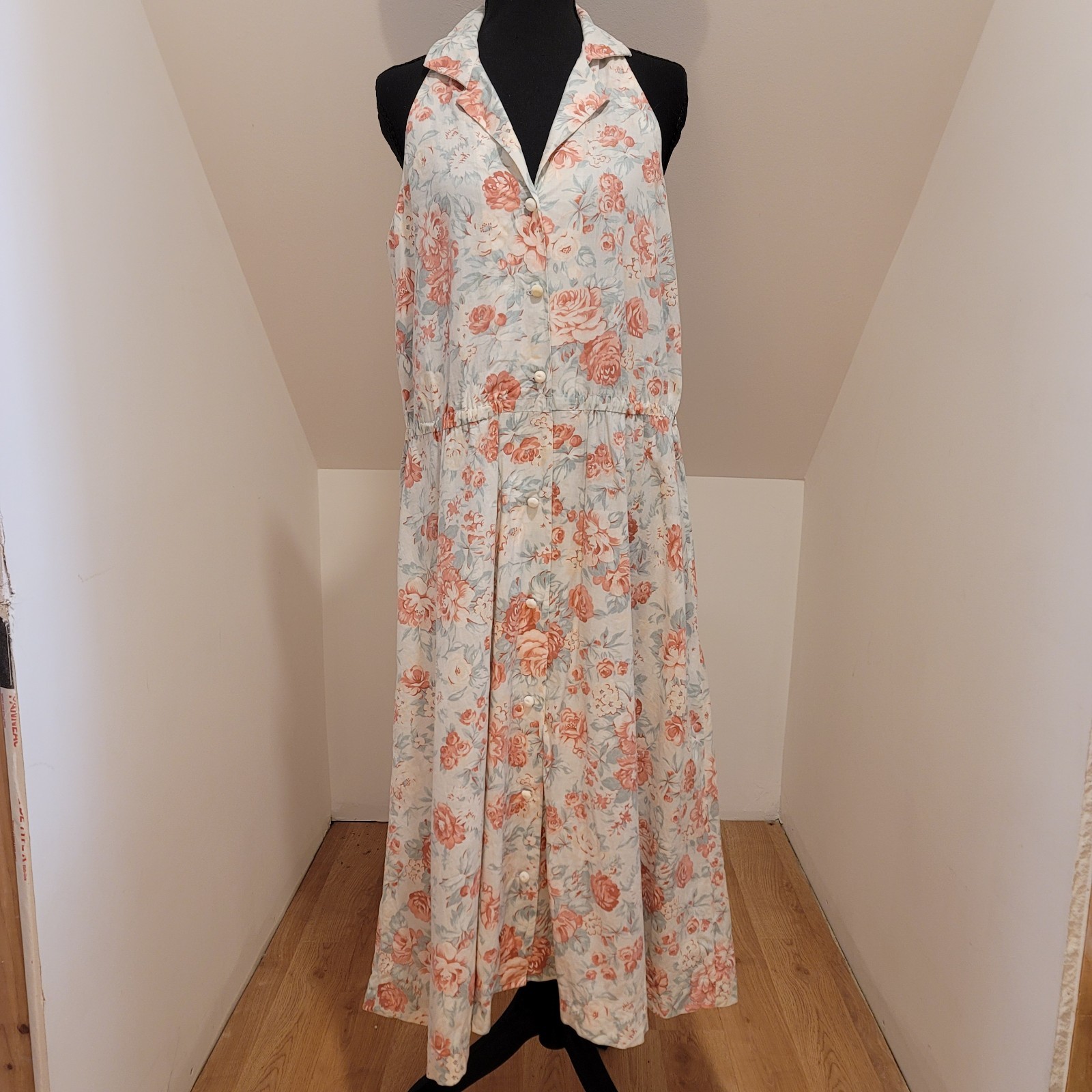 Vintage 80s Floral Maxi Dress Pink Roses Cottagecore Button Front Handmade M L
