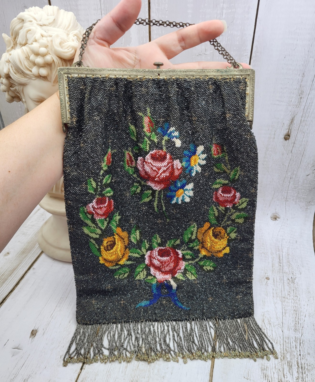 Large 13″ Antique Art Nouveau Floral Beaded Purse Handbag