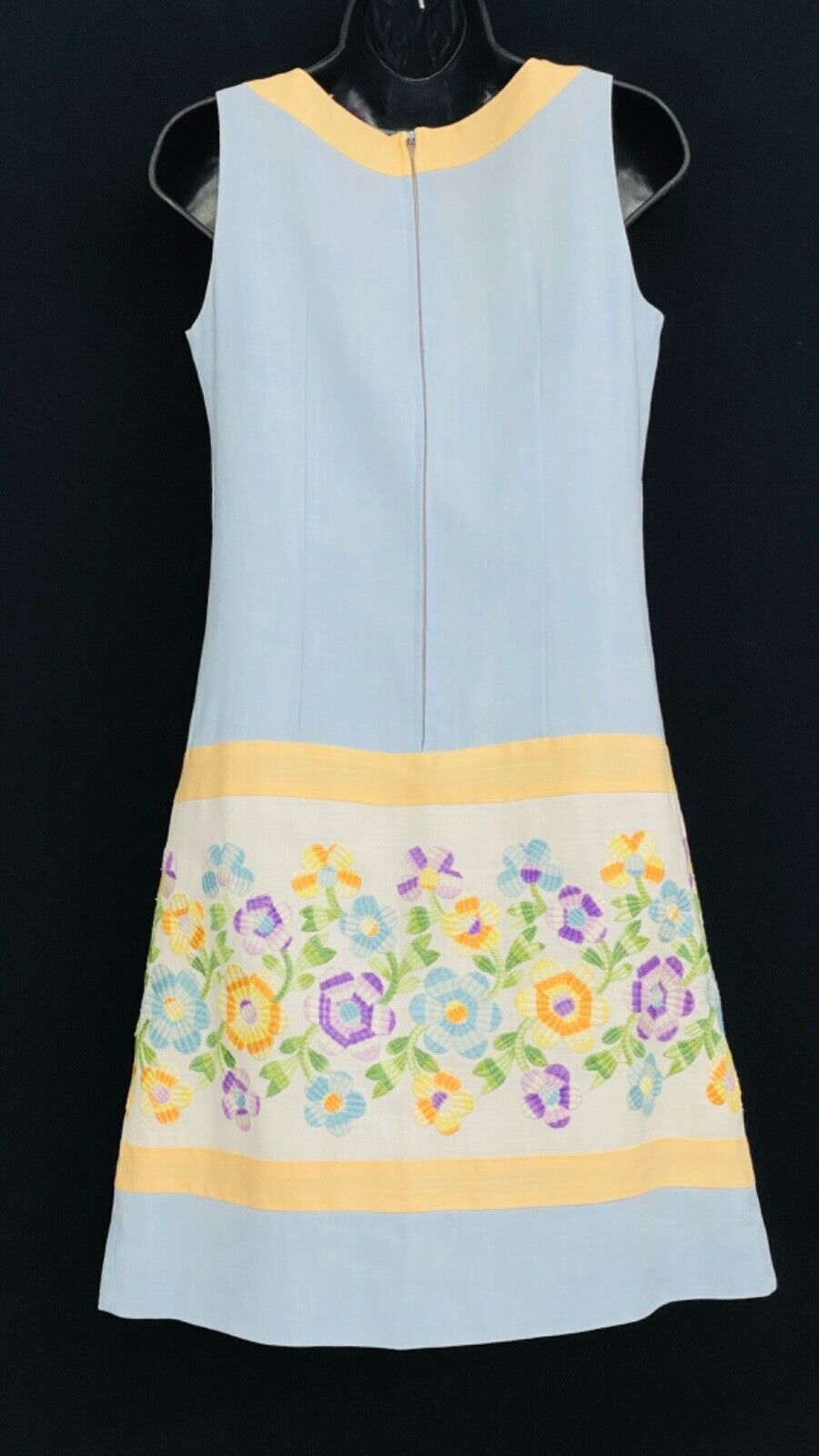 Vintage 1960s colorful floral embroidered dress blue linen sleeveless shift S