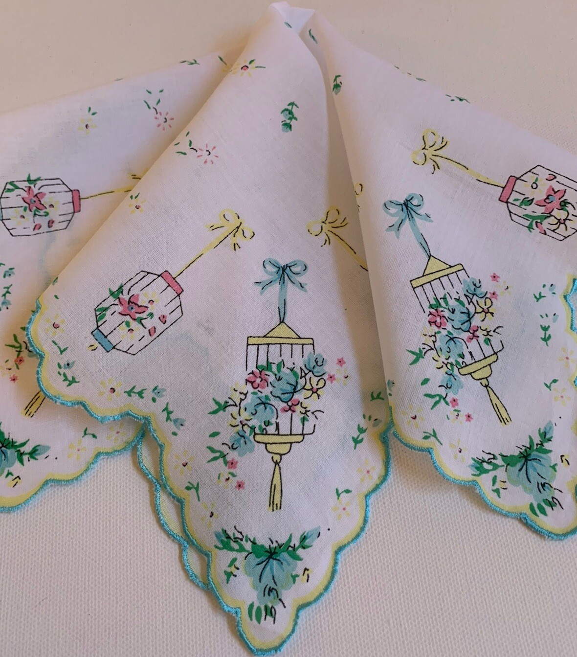 Lovely Delicate New LuRay Handkerchief Hankie! Floral Birdcages ~ Scalloped Hem!
