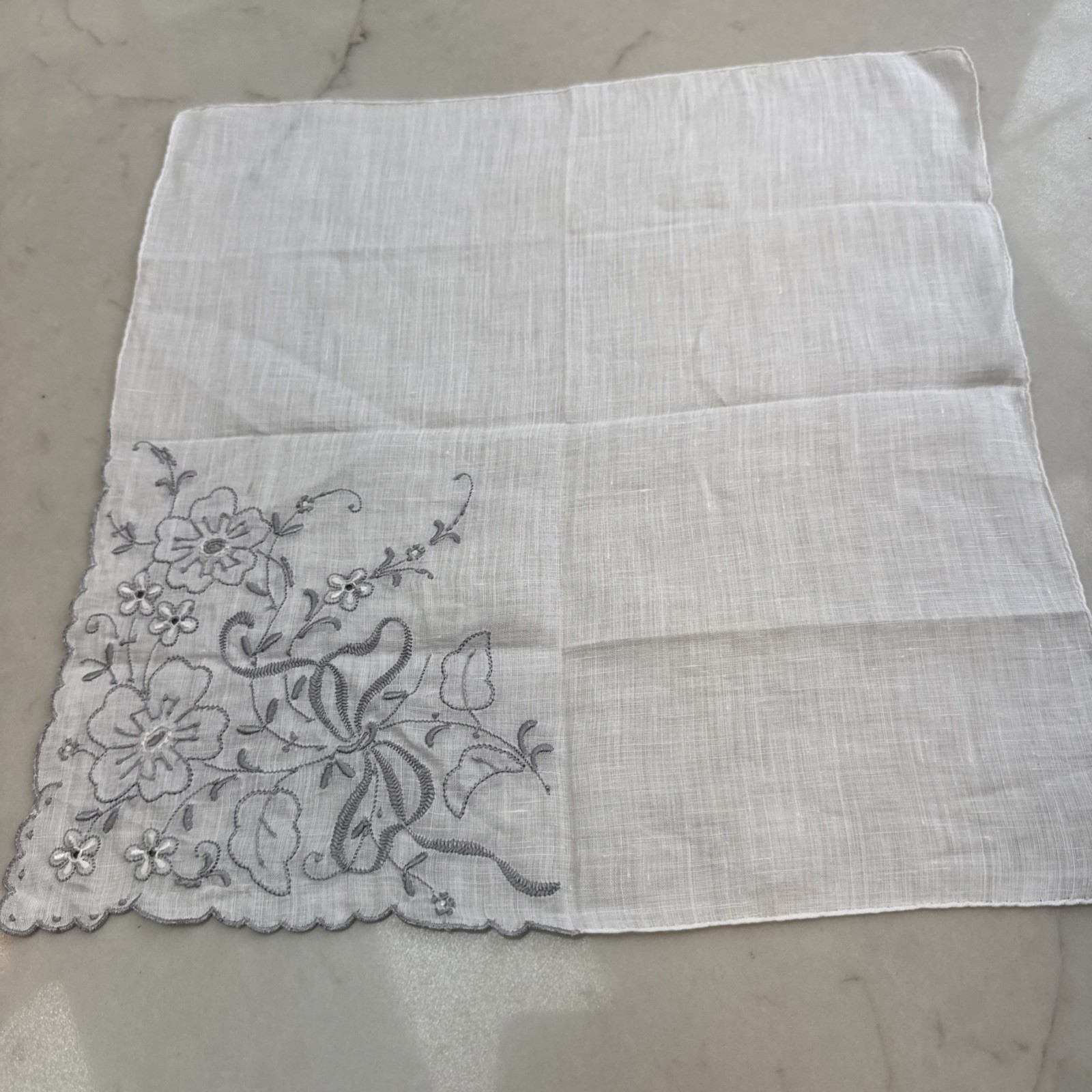 Vintage Gray Appliqué Embroidery Ribbon And Floral On Handkerchief 12” Square