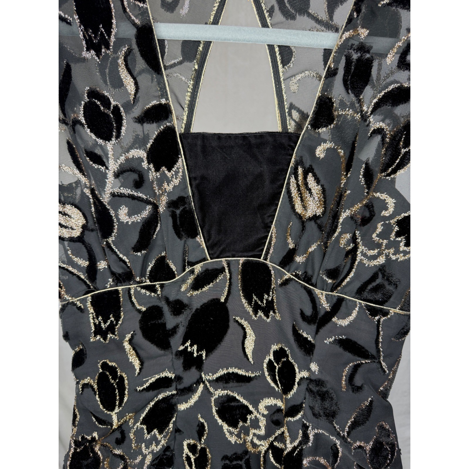 New Leaf by Samir Vintage Black Velvet Devore Gold Floral Midi Dress 9931 S 9/10