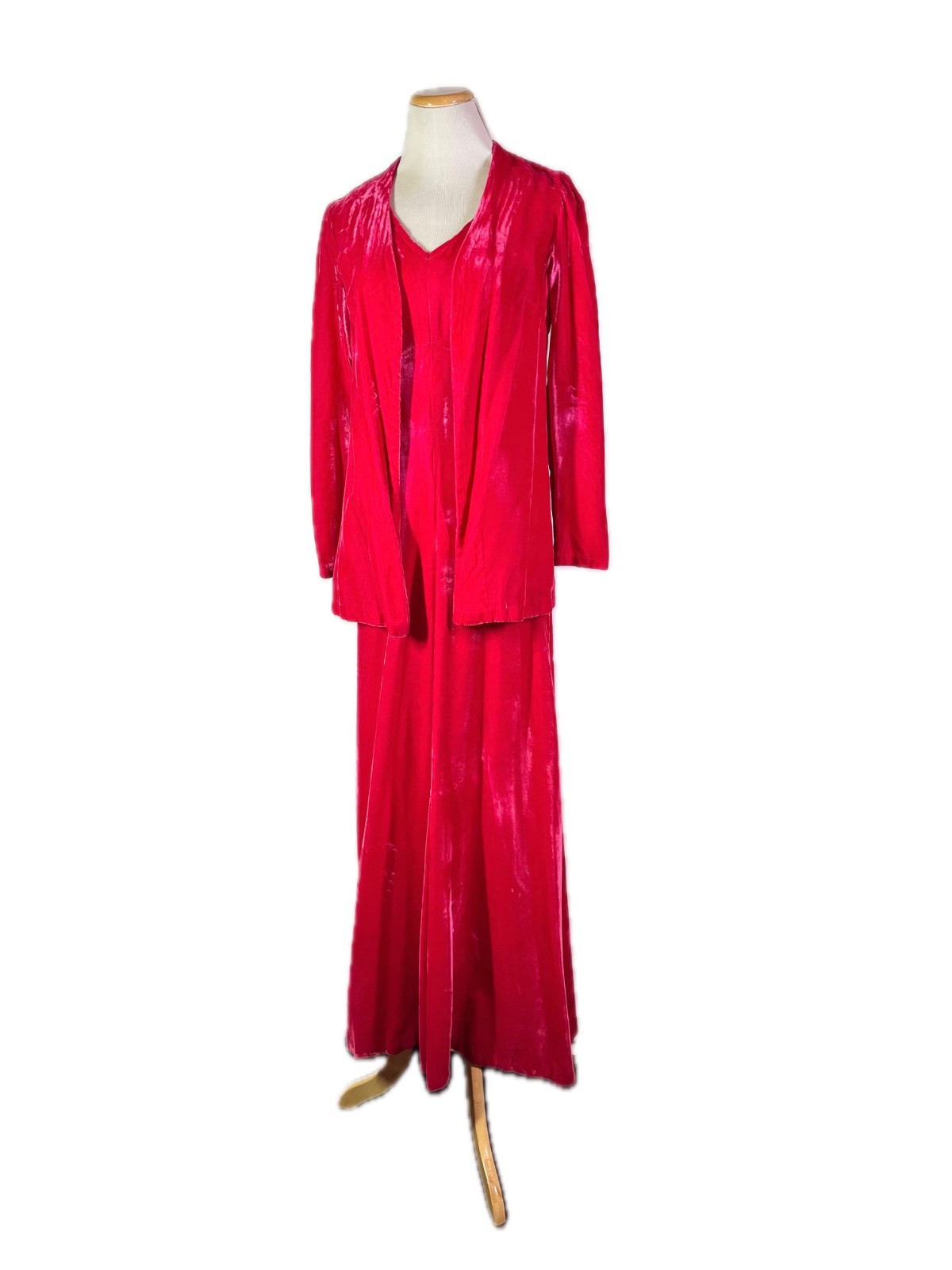 Vintage 1970s Homemade Maxi Dress Jacket Set Hot Pink Velvet Fits S