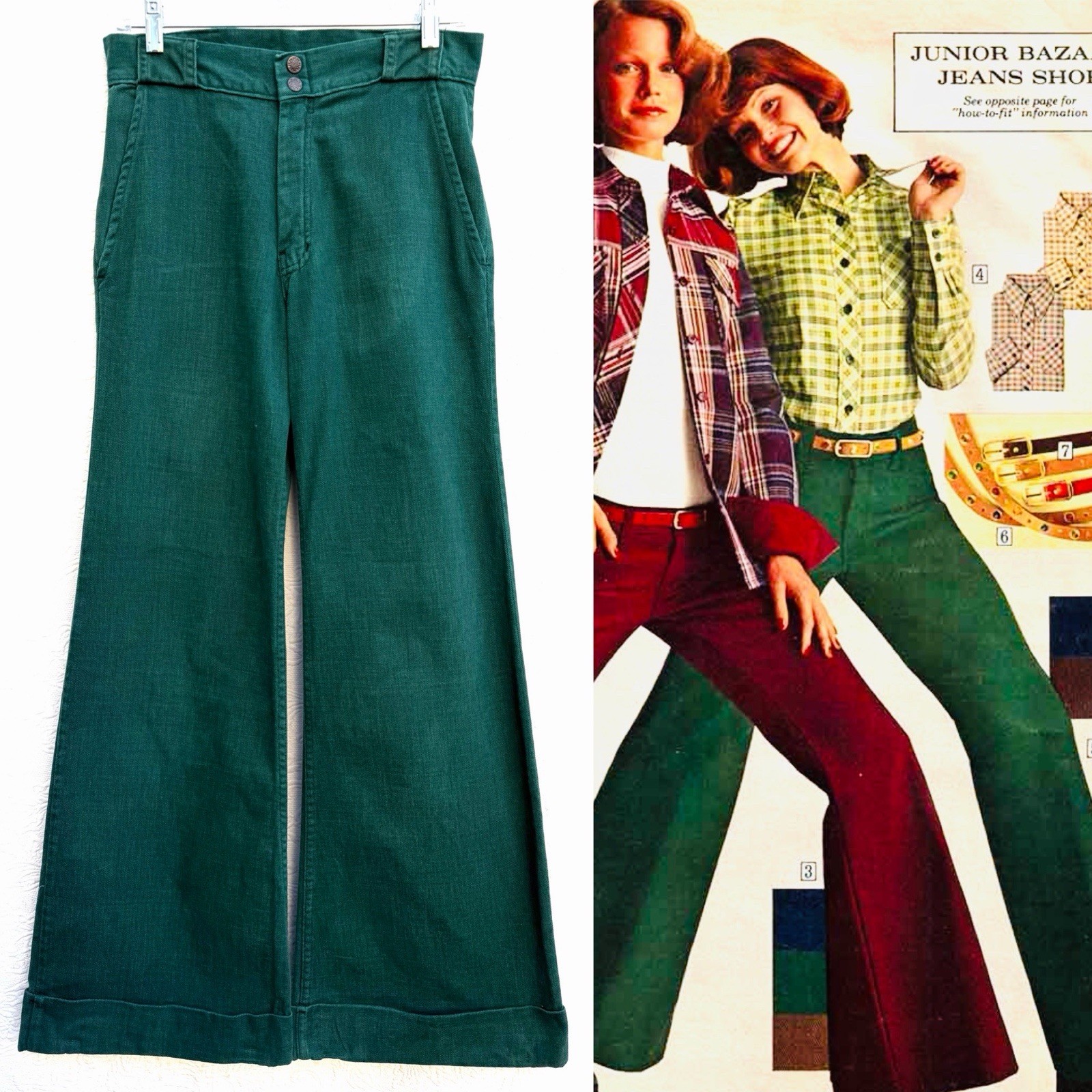 Vintage c1974 Forest Green Flared Pants Jeans Brushed Twill EUC 28” x 43.75”