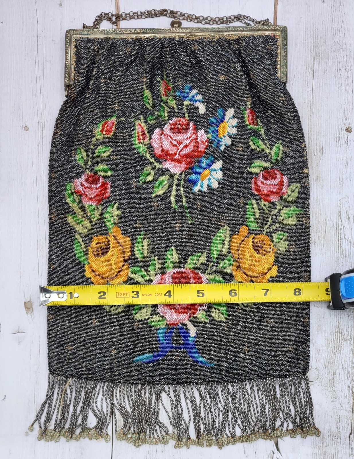 Large 13″ Antique Art Nouveau Floral Beaded Purse Handbag