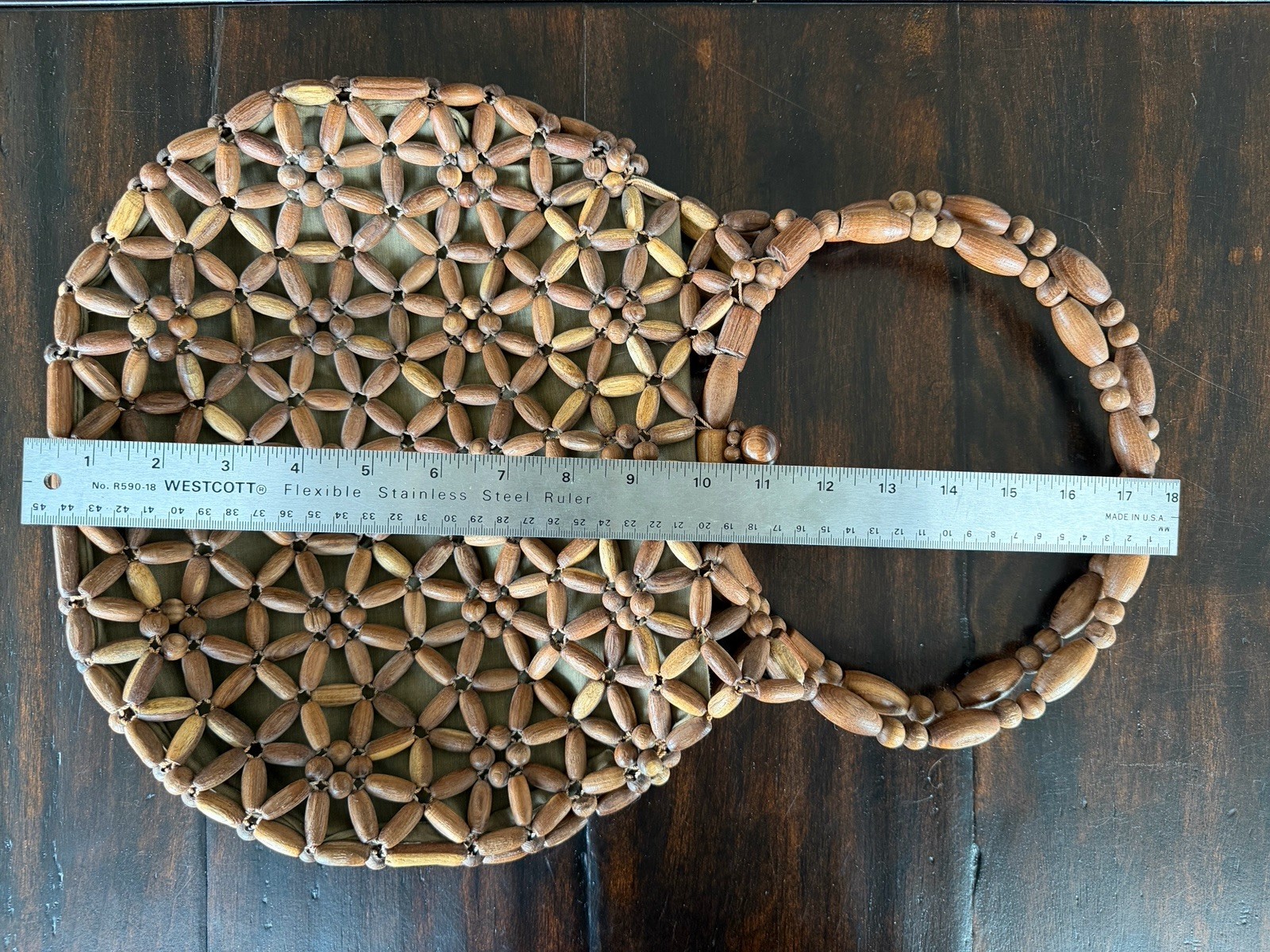 Vintage Wooden Bead Hobo Handbag Retro Boho Beaded Hand Crafted Purse Starburst