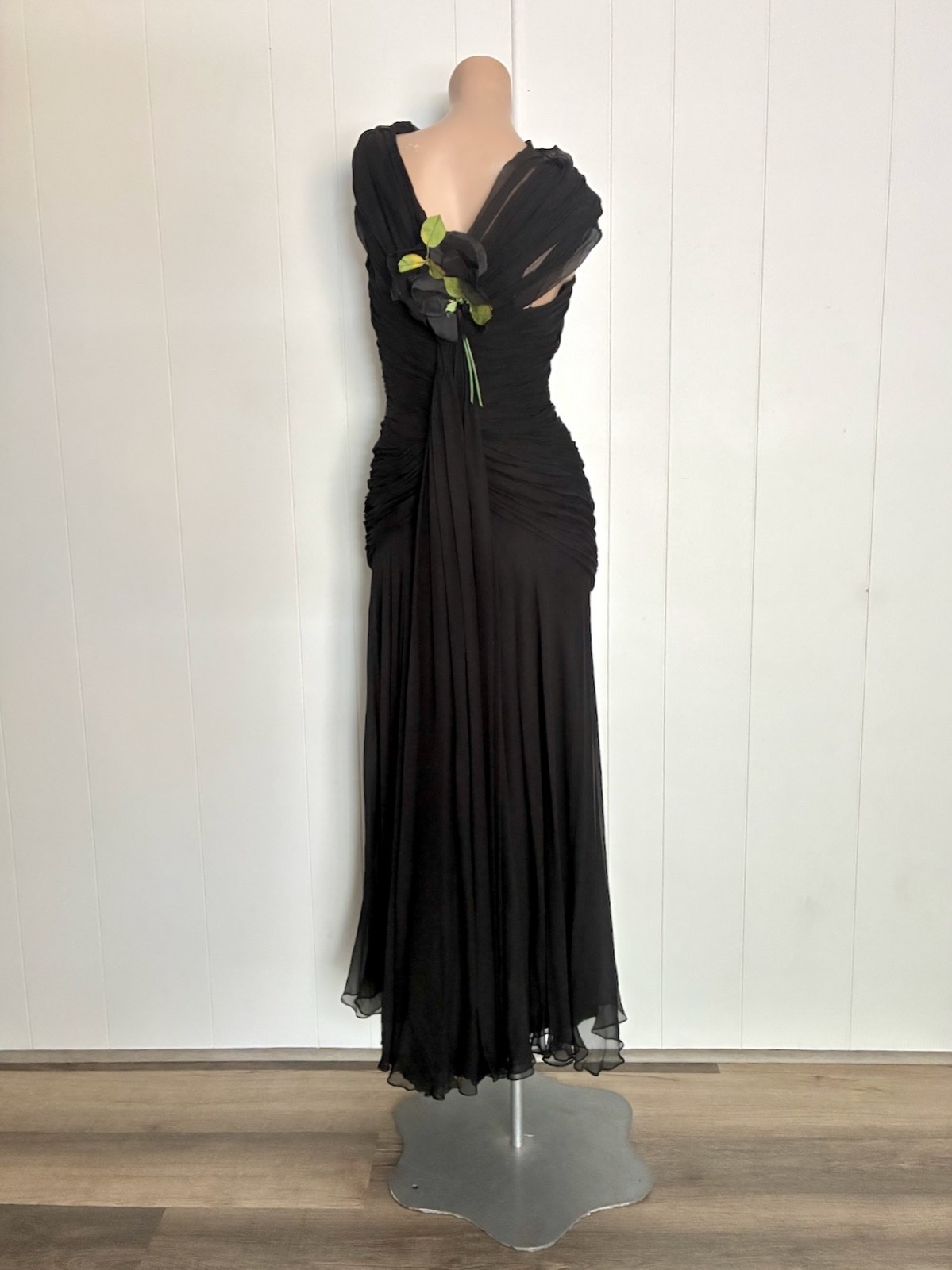 1960s Vintage Dress: Black Silk Chiffon Goddess Gown Watteau + Flower Sz S B34