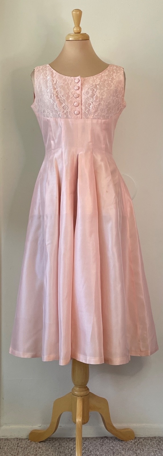 Vintage 1960s 16 L Pink Satin Dress & Cropped Jacket Set Lace Yoke Fit Flare