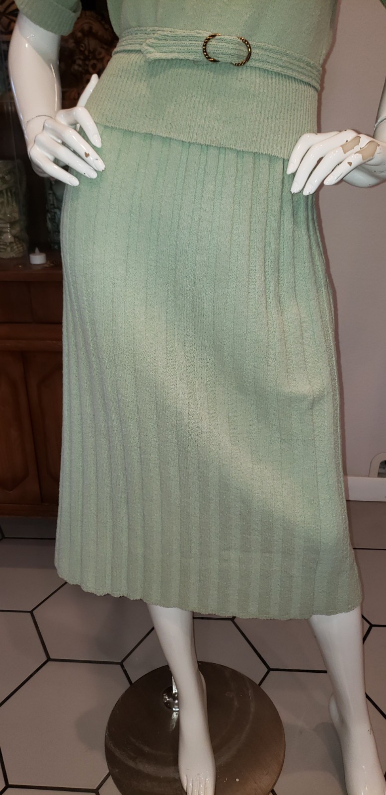 Vintage 1950s Lofties Sea Foam Green 3 Piece Knit Skirt Set Med Lg G2U