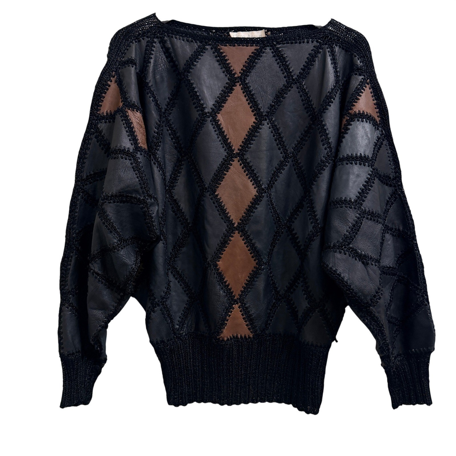 Vintage Leather Patchwork Sweater Diamond Knit Oversized Vintage Eclectic 80s