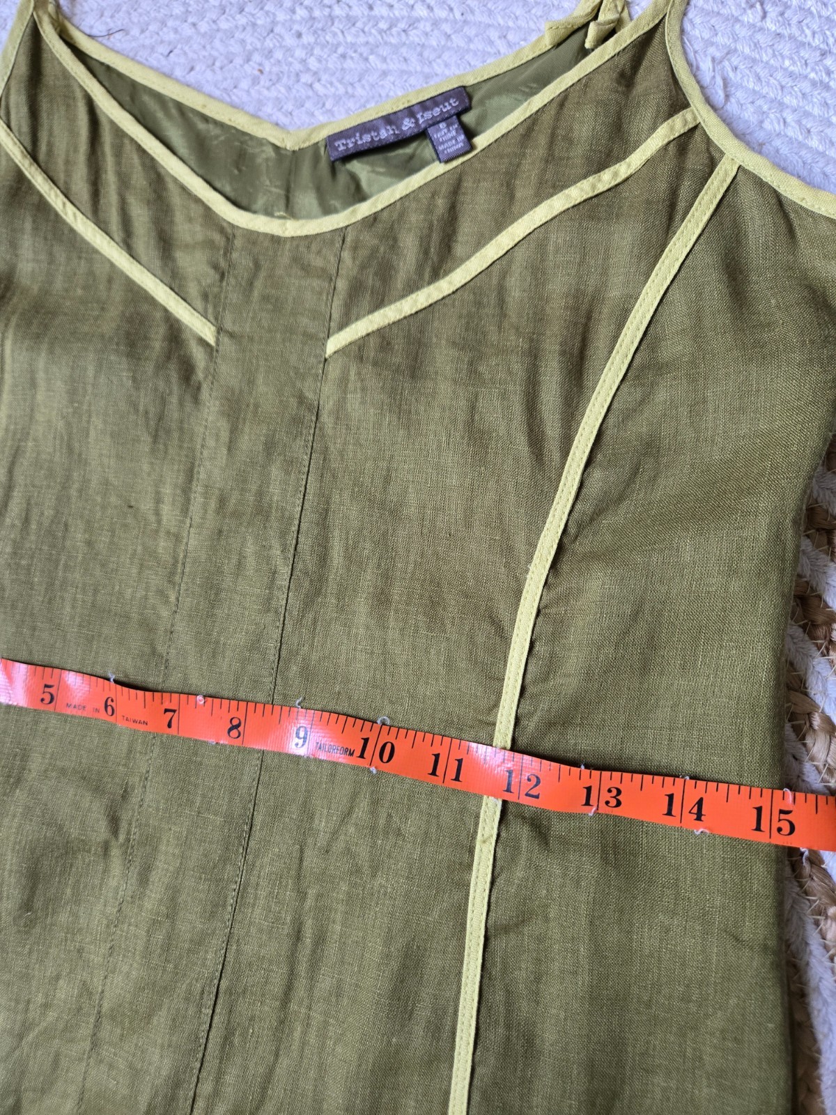 Vintage 90s Linen Blend Olive Green Mini Dress Minimalist Panel Contrast Trim