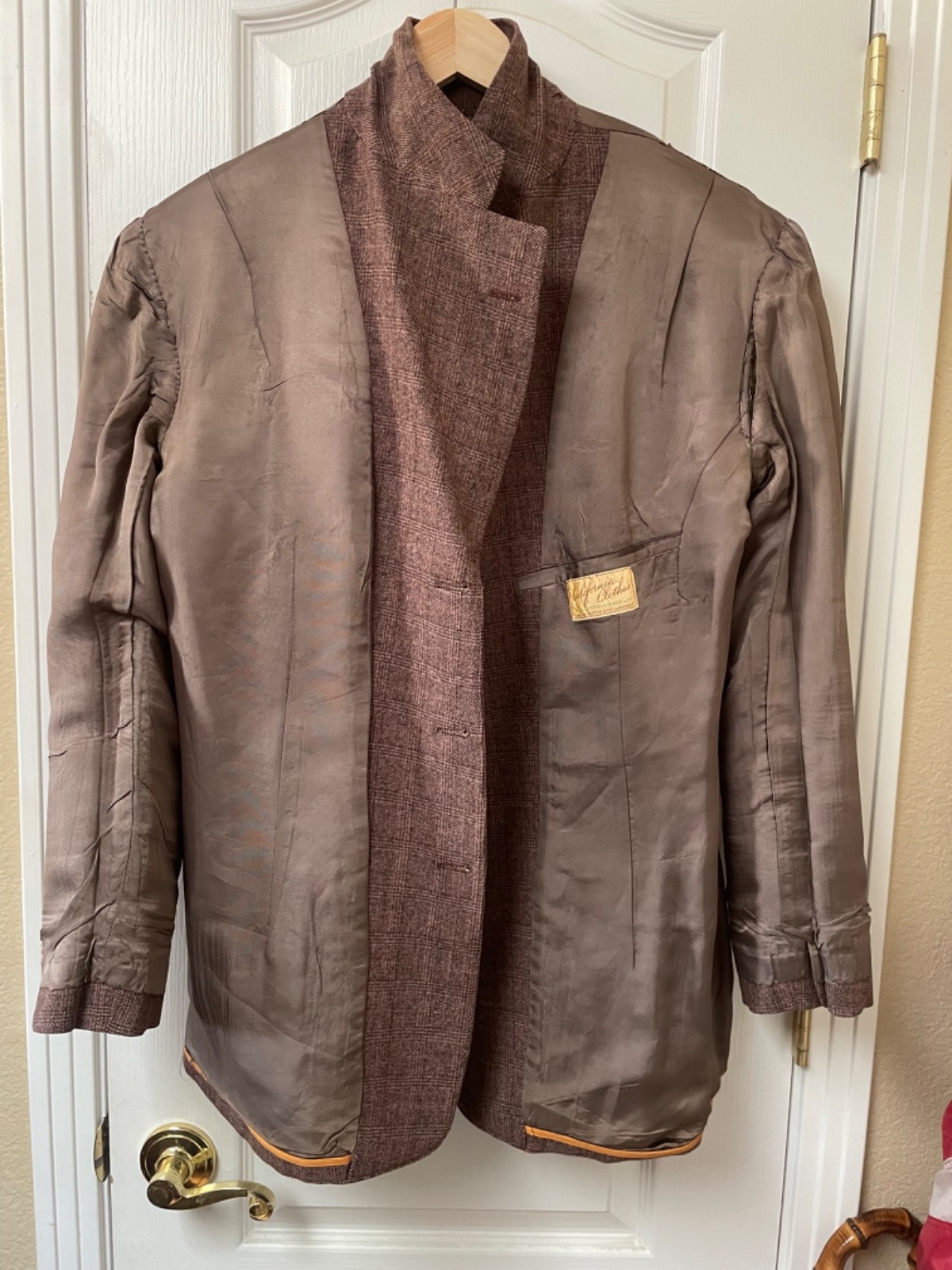 Vintage 1940s California Clothes Wool Glen Plaid Sport Coat Jacket 42R Brown Pat