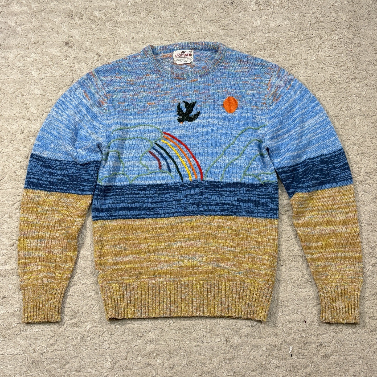 True Vtg 70s Landscape Rainbow Bird Seascape Knitted Embroidered Sweater Size S