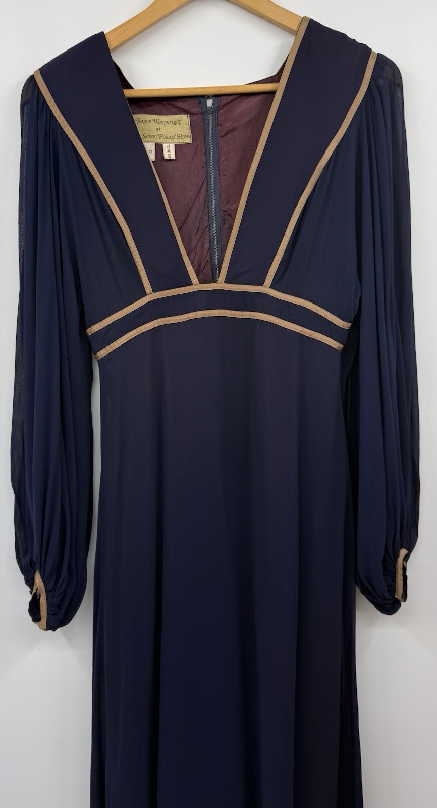 Janice Wainwright Vintage Empire Waist Blue Silk Gown 70s Edwardian SZ 12 *RARE*