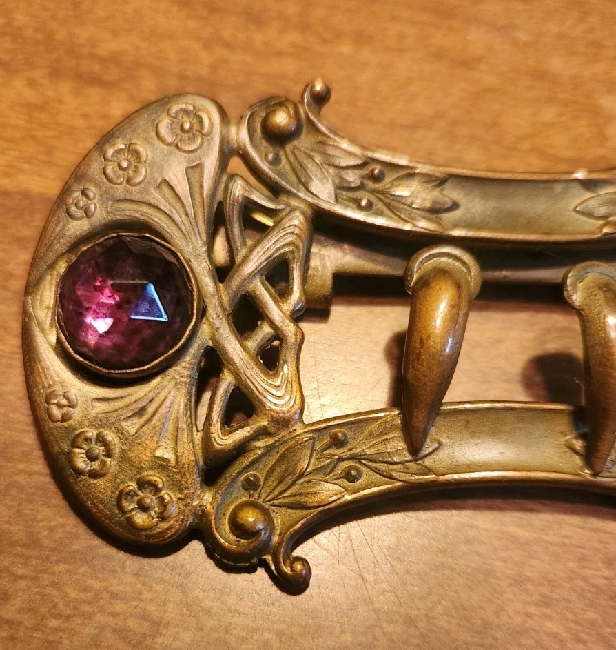 Antique Gold Tone Art Nouveau Belt Buckle w/ Purple Stones