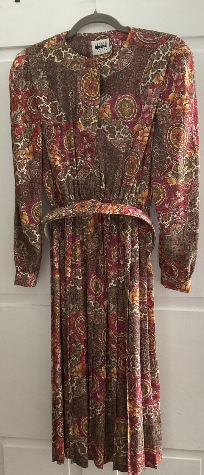 Vintage 80s Leslie Fay Petite Paisley Midi Dress W/Belt Statement Button 8Petite