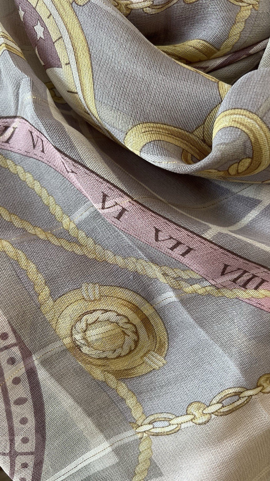 Renoma Vintage Silk Scarf Pink Lavender Clock Print Shawl Wrap Gold Metallic Gor