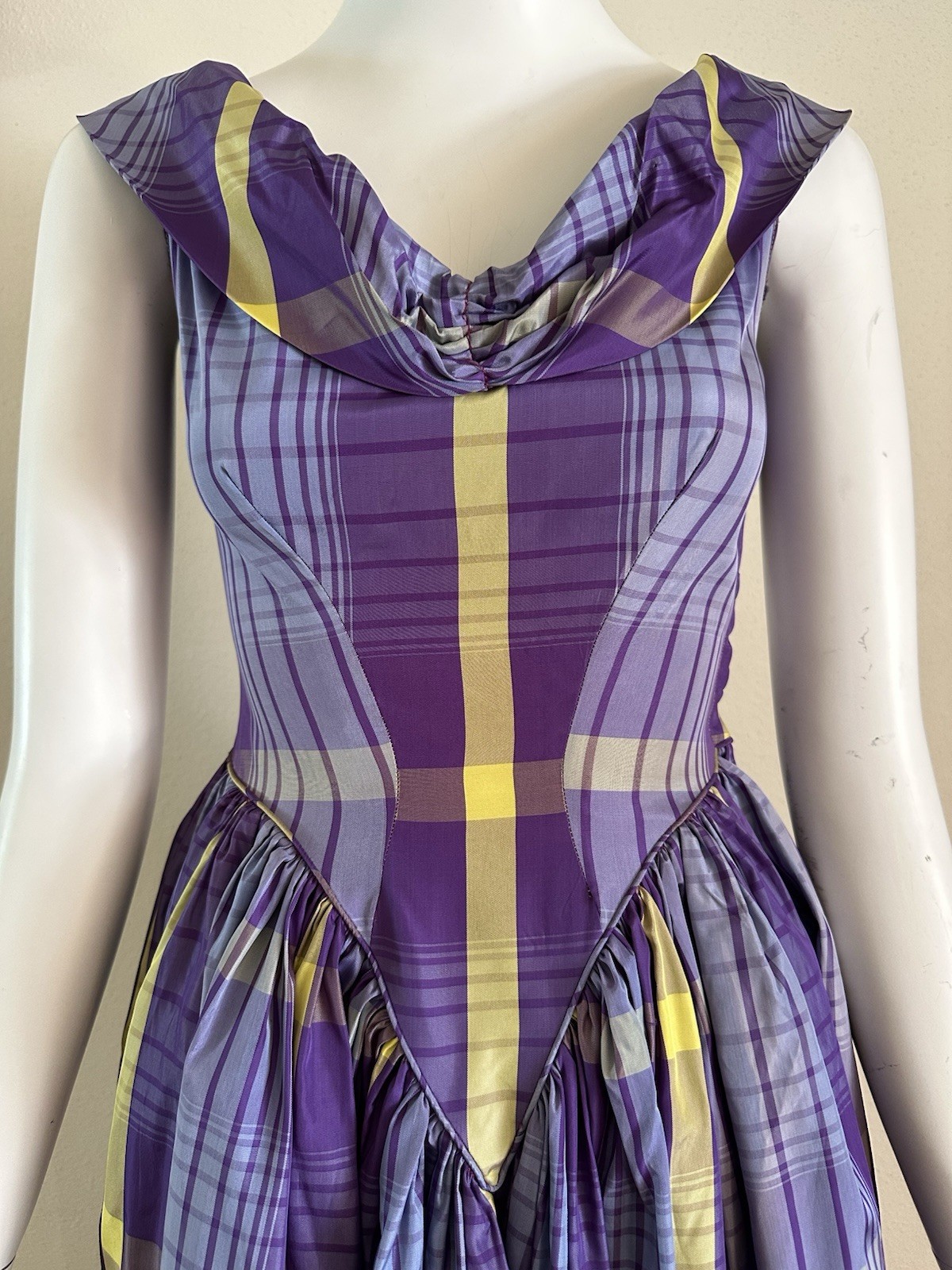 1940s A Bon-Ray Design Plaid Taffeta Party Dress Bustle Back Cocktail Gown VTG