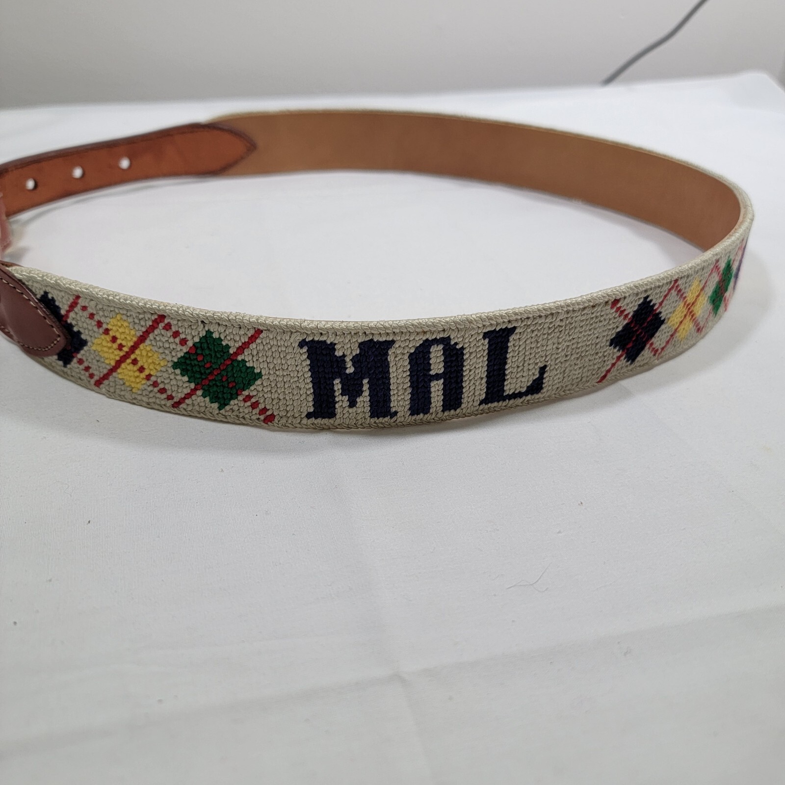 Vintage MAL Embroidered Diamond Print Spell Out Unisex Size 34 Leather Brass…