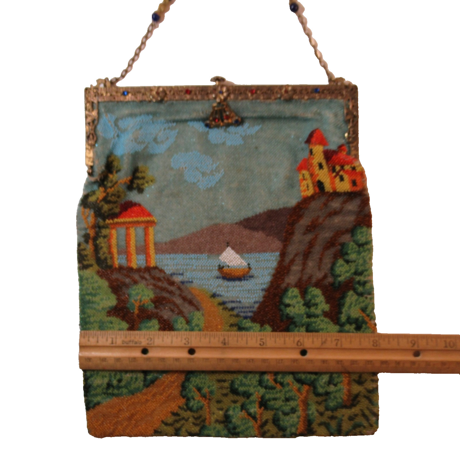 Antique Vintage Beaded Purse Scenic Castle Boat Mountains -SELLER PAYS US TARIFF