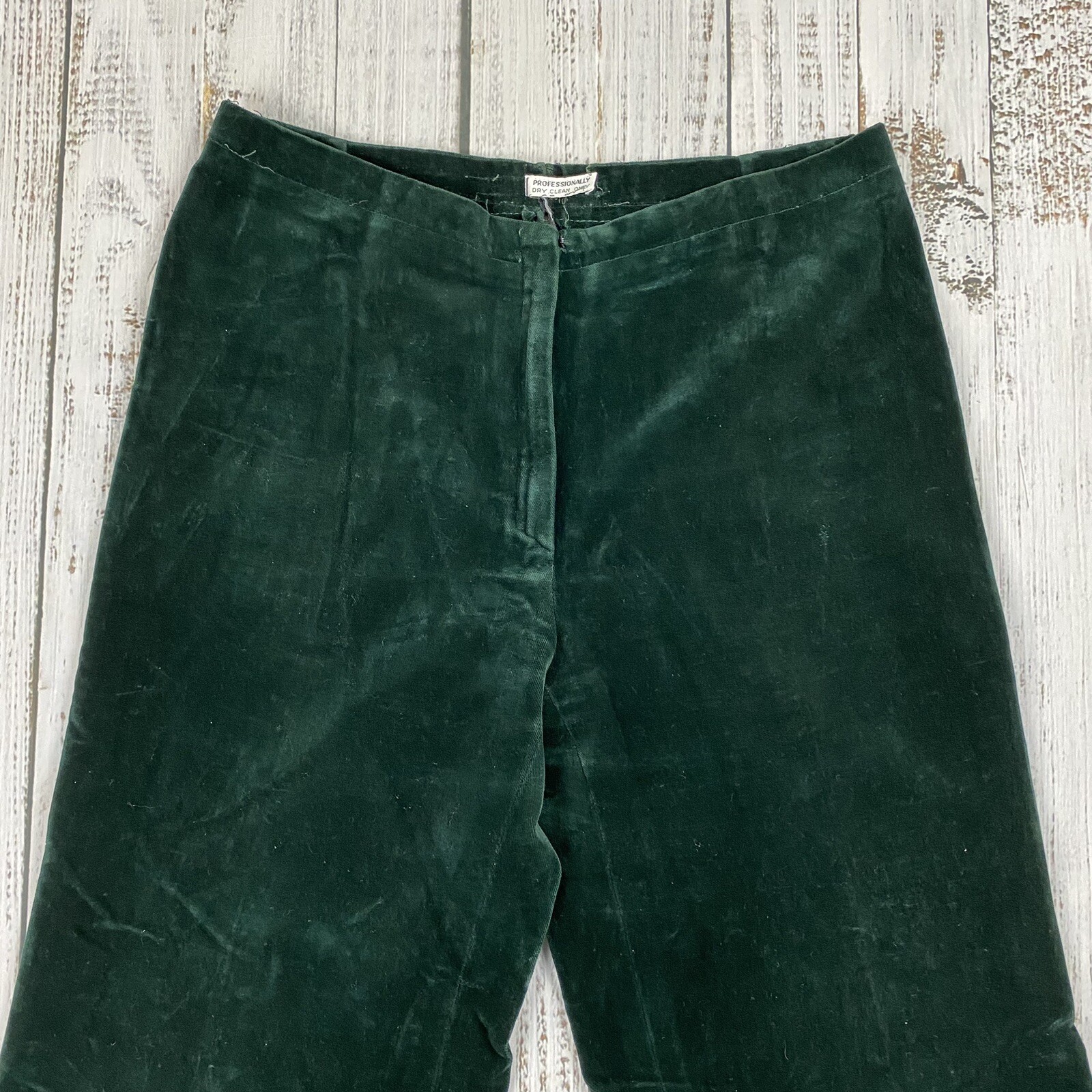 TRUE VTG 60S VELOUR HIGH RISE ZIP BELL BOTTOM PANTS FORREST GREEN HIPPY 29×31