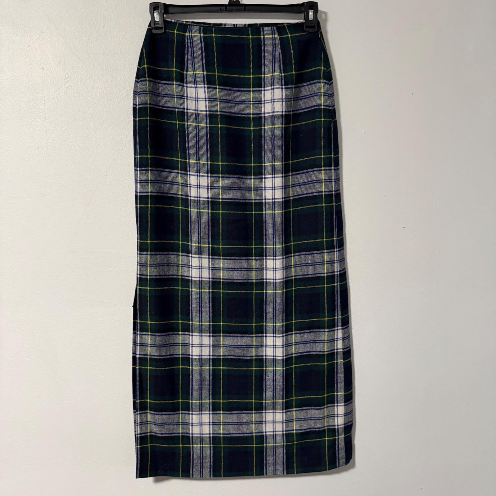 Hooper Associates Scotland Gordon Plaid Wool Maxi Skirt Green Navy Yellow 14