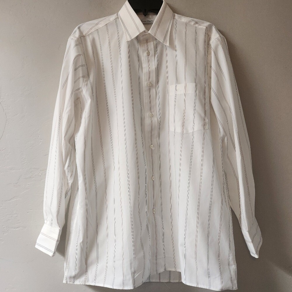 Vintage Christian Dior Plus Dress Shirt White Striped Mens Size 16 (L) Deadstock