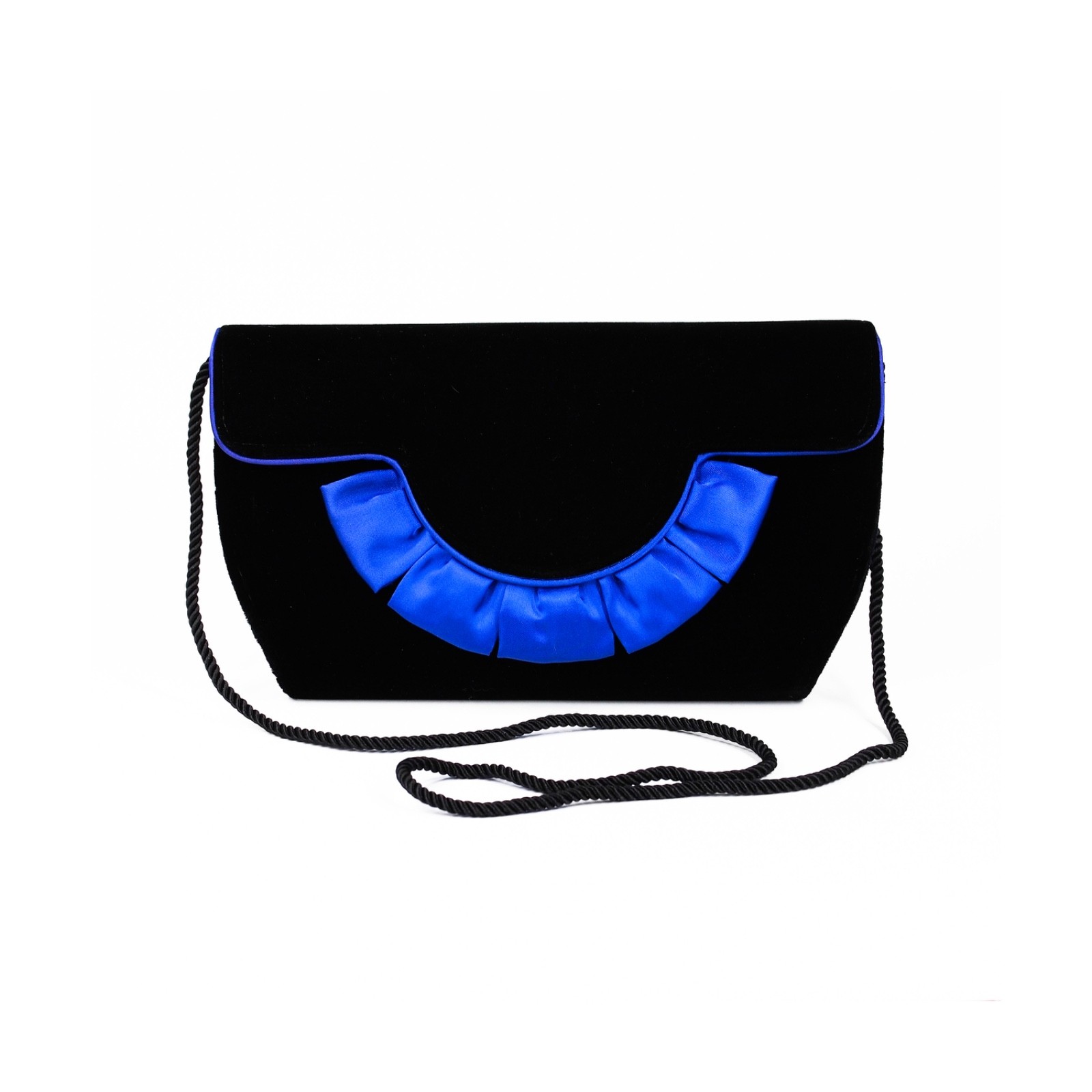 Vintage 80s Bright Blue Satin Ruffle Trim Black Velvet Velour Evening Bag