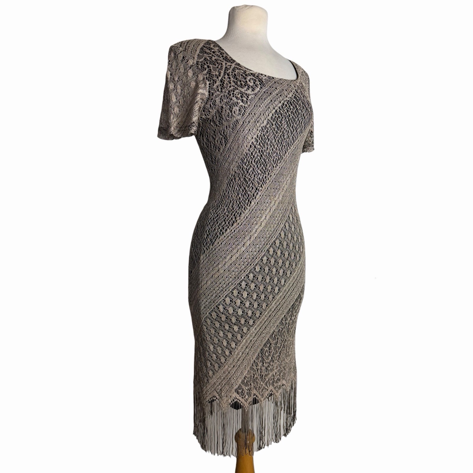 Vintage 90s Gold Sheen Crochet Lace Fringe Flapper Dress Pointelle Mesh Small