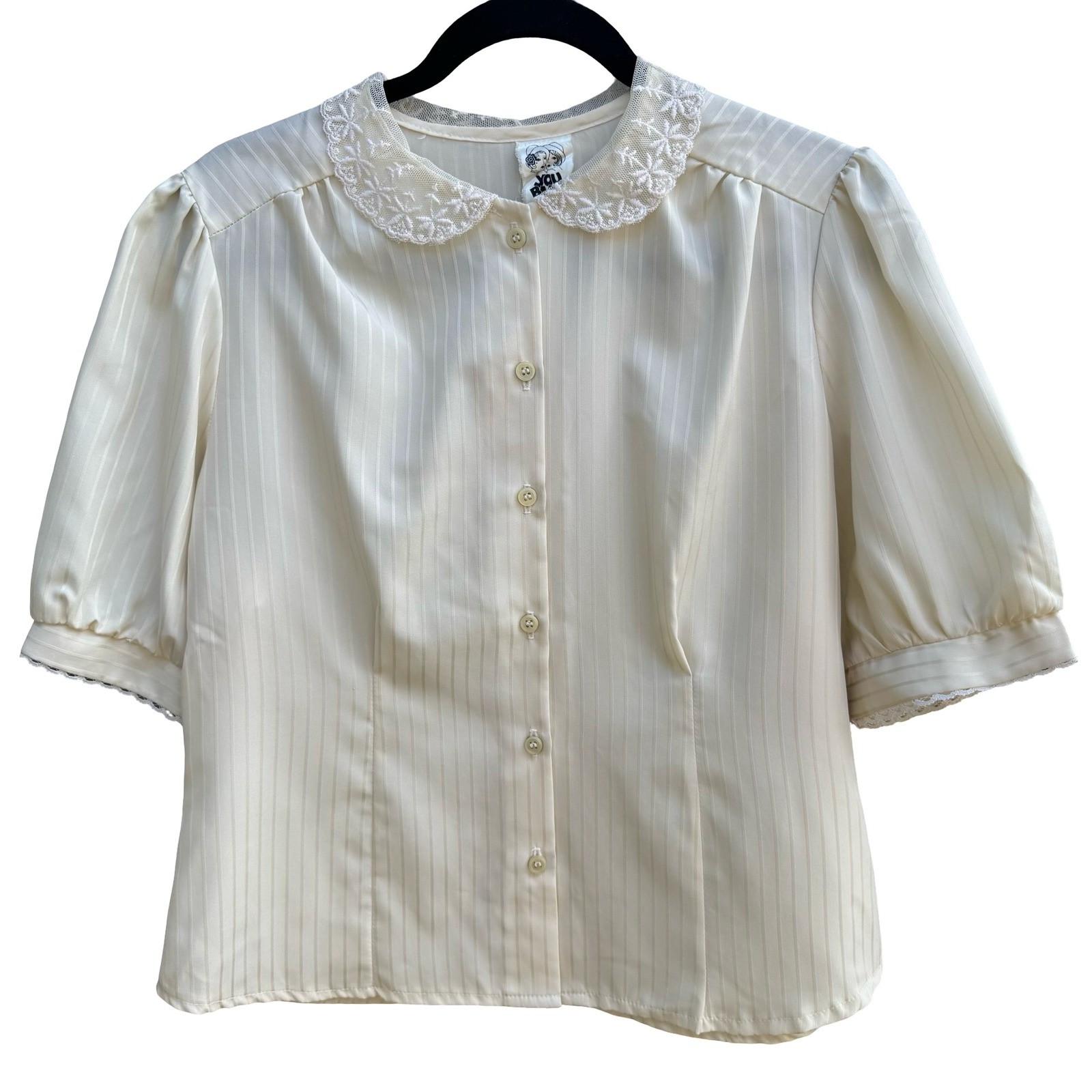 You Babes Vintage Cream Lace Peter Pan Collar Satin Stripe Puff Sleeve Blouse L