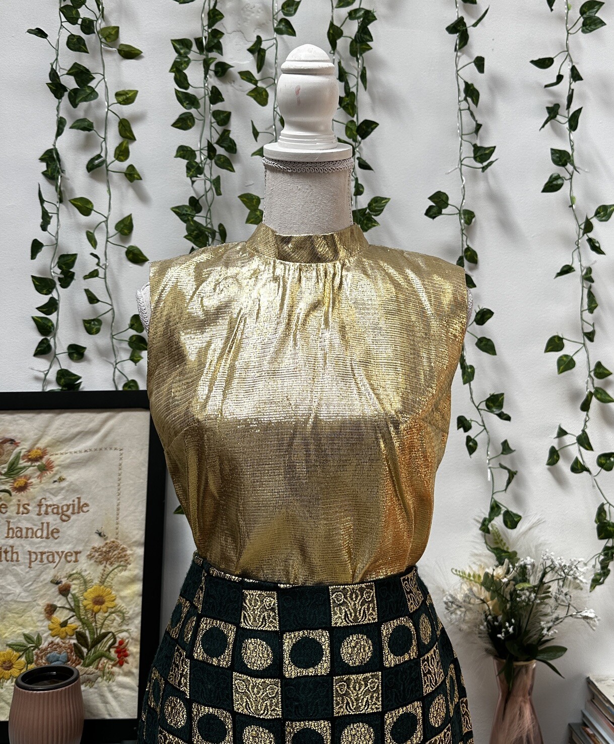 Vintage 60s Mini Dress Skirt Set Green Gold Lame Metallic Mod GoGo 2 pc XS