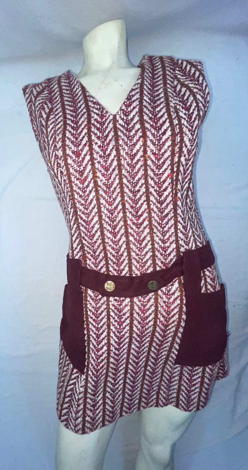 VTG 60S 70S WOMENS RED WOOL KNIT DISCO RETRO HIPPY STRIPE SLEEVELESS DRESS