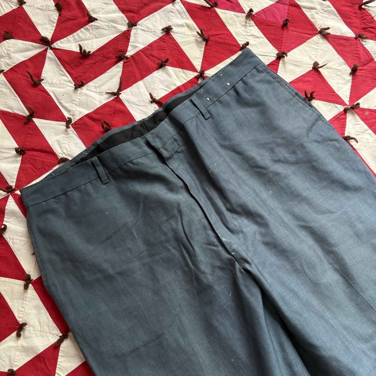 Vintage 1970s Polyester Blend Blue Pants Mens As Is Worn Flaws Distressed Paint