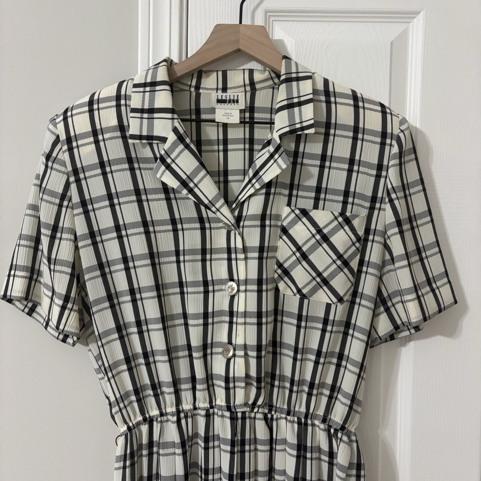 Vintage 80s Leslie Fay Black White Checkered Plaid Midi Shirtdress Pleated 14