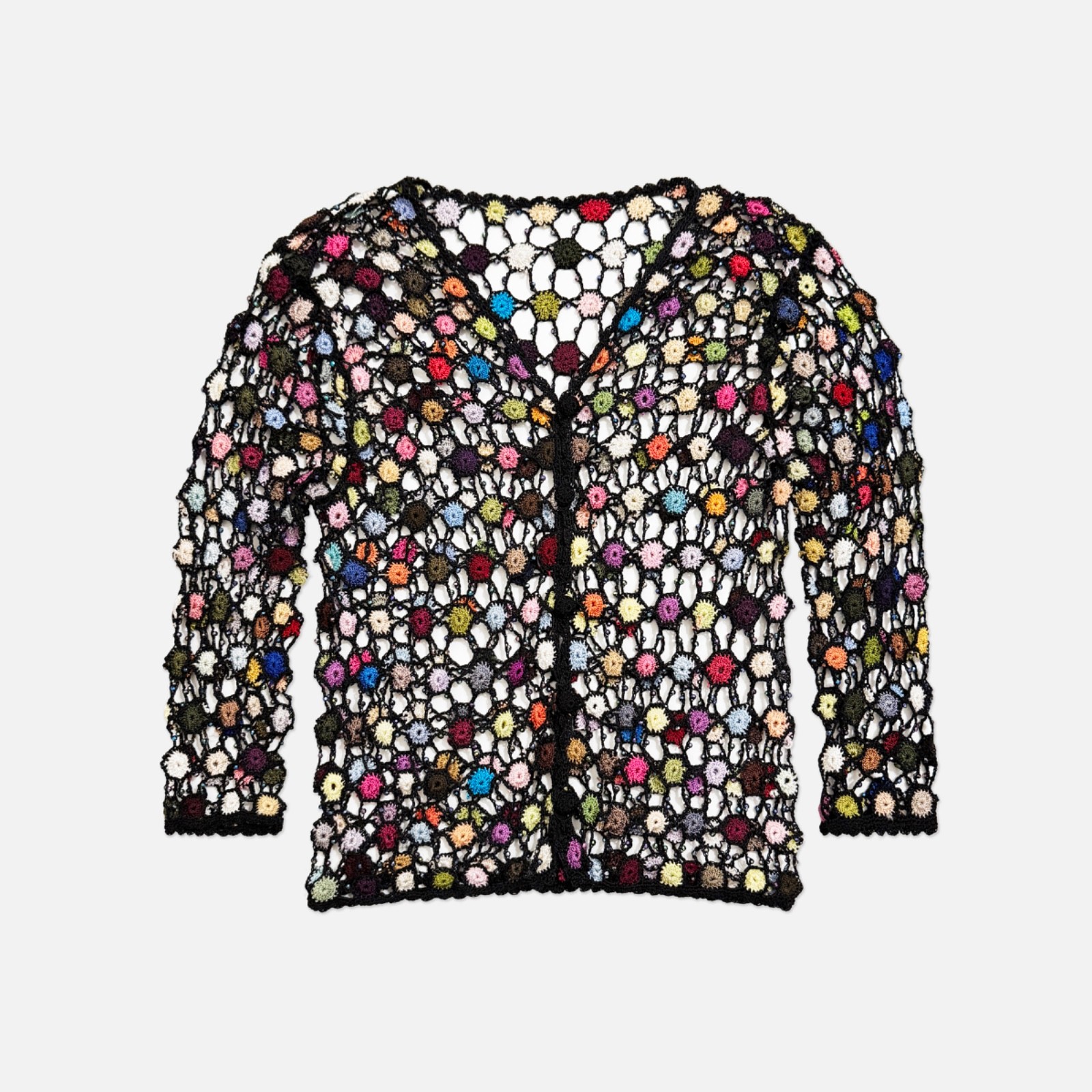 Rare Vintage 90s Black Beaded Crochet Open Knit Granny Square Cardigan Top XS/S