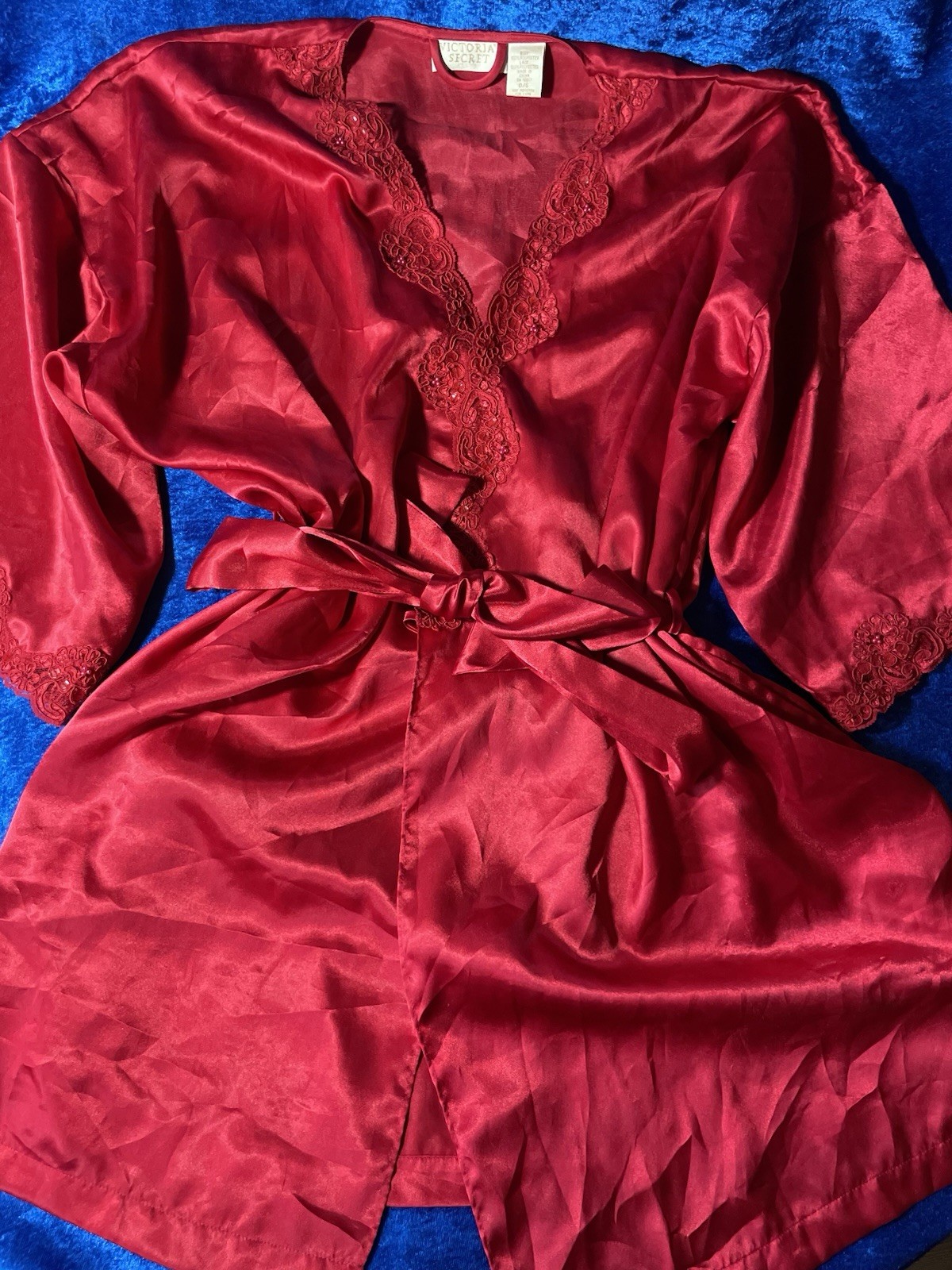 Vintage Victoria Secret Satin Robe Shiny Red One Size *FLAWS* Stains See Pics