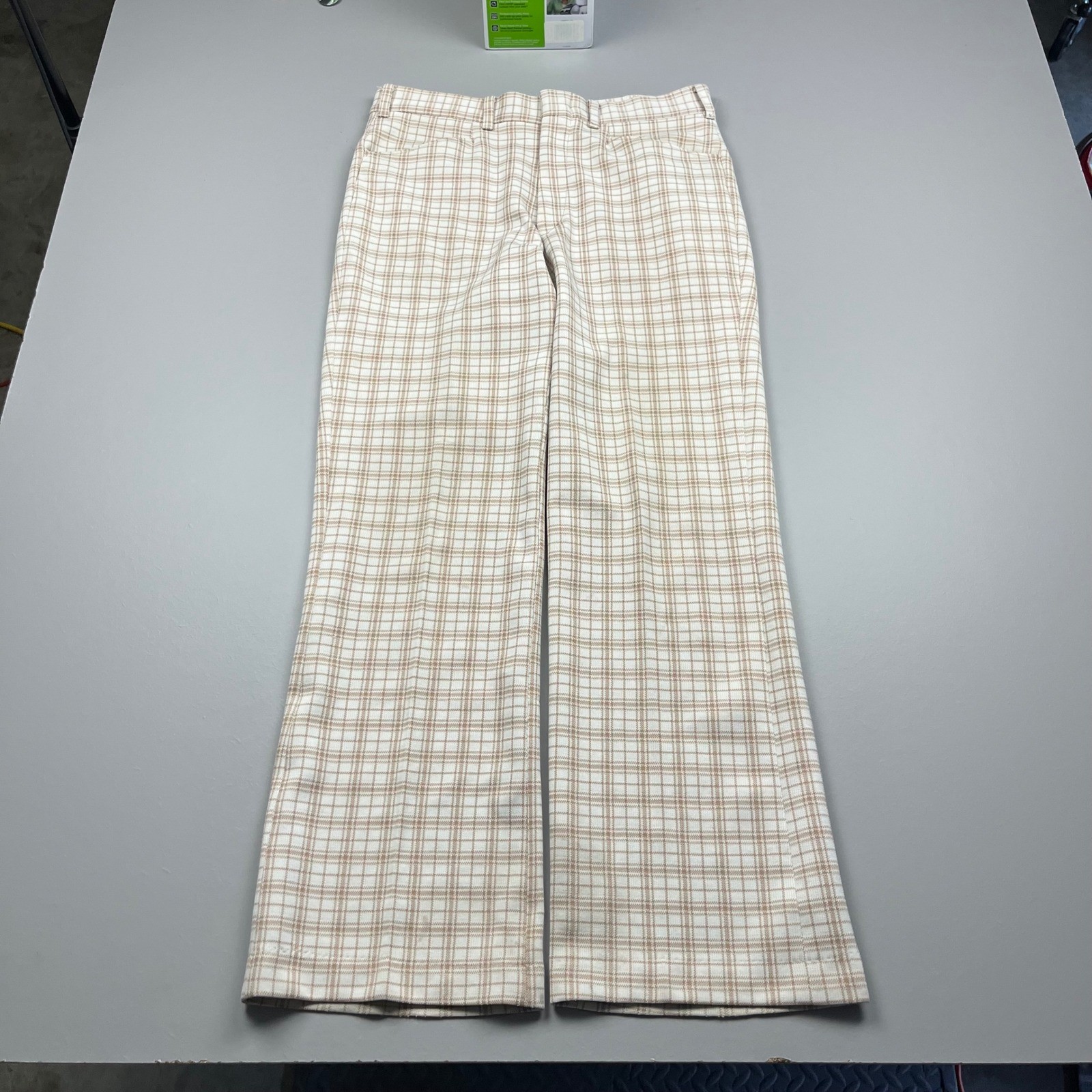 70s Sears Kings Road Trousers Mens 34 Long Tan Plaid Perma-Prest Flared Disco
