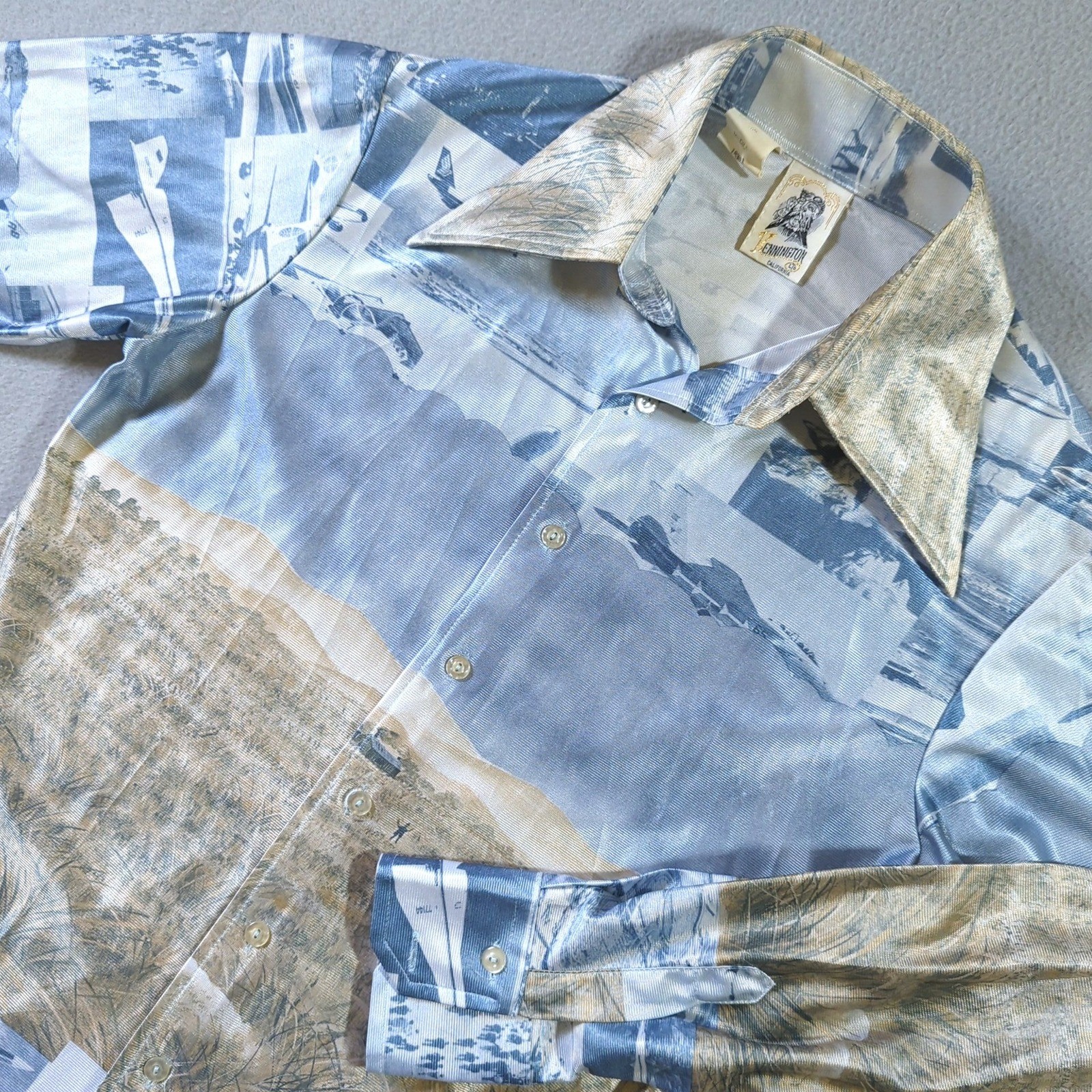 Kennington Shirt Mens Medium Blue Aviation History Photo Print Disco Vintage 70s