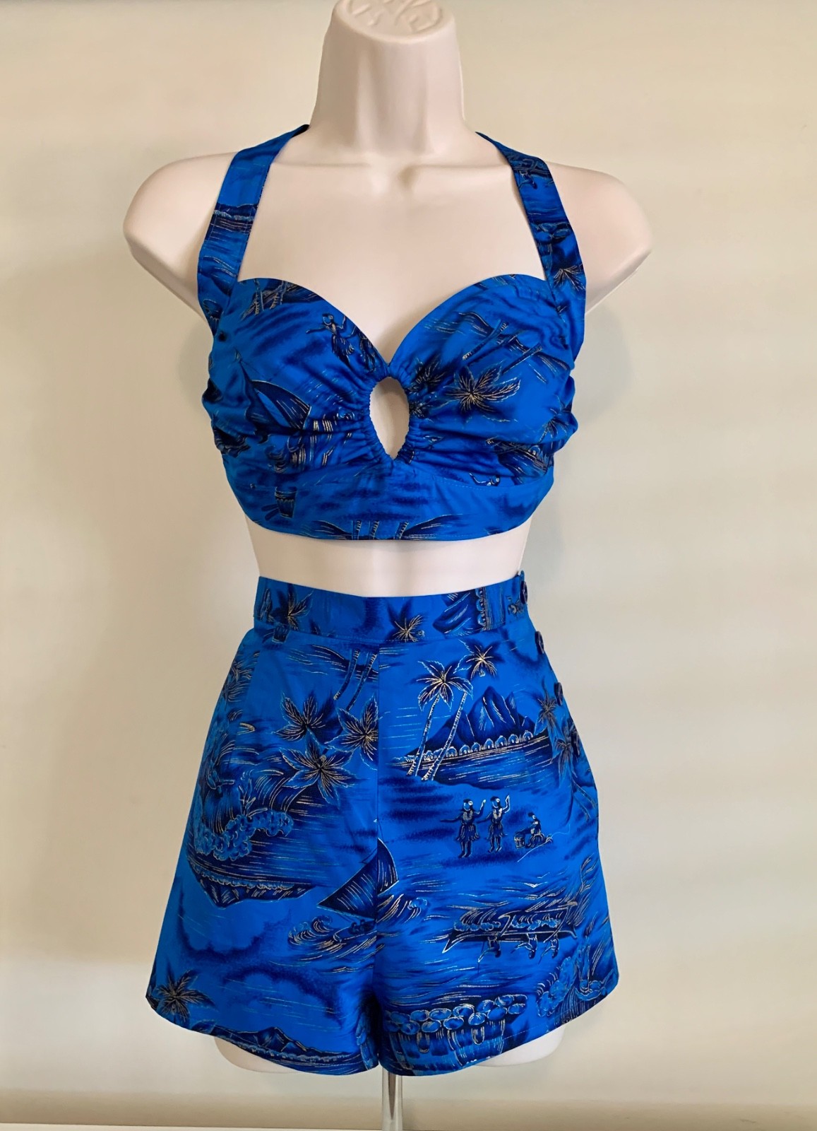 1940s Rockabilly Pinup Swimsuit Shorts, Bikini Top & Wrap Skirt — Hawaiian Print