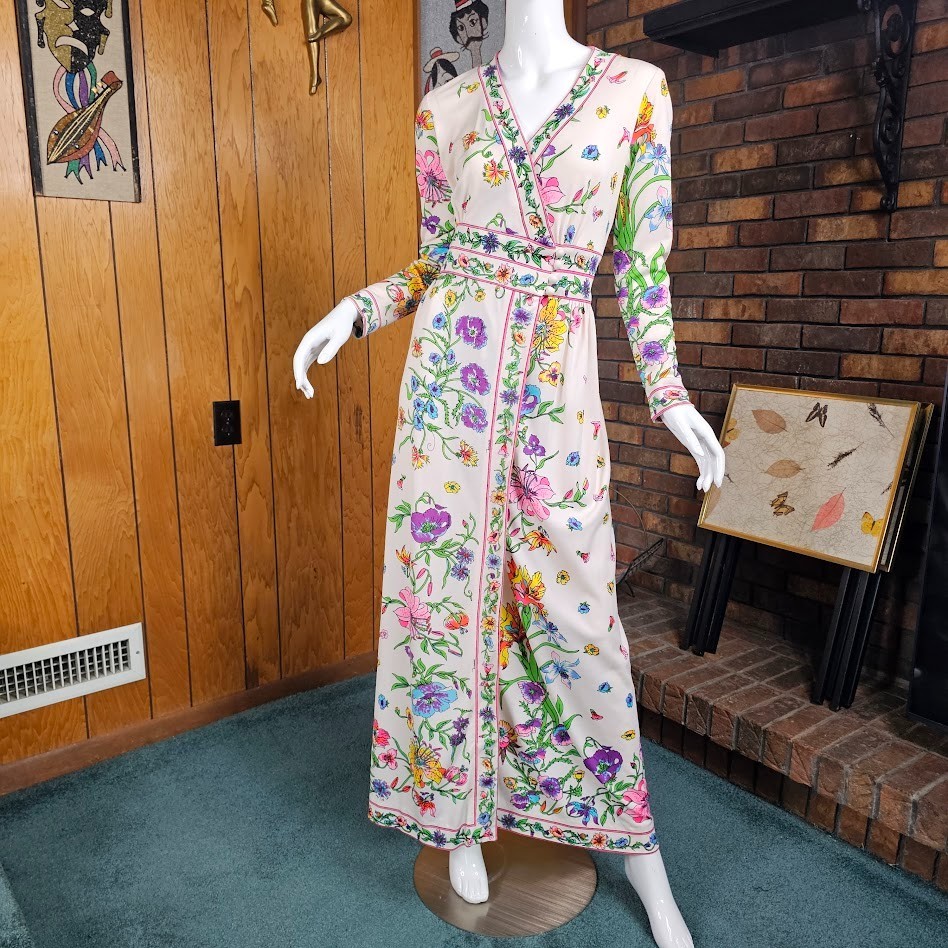 Vtg 70s Maurice Botanical Floral Novelty Empire Maxi Wrap Garden Party Dress M