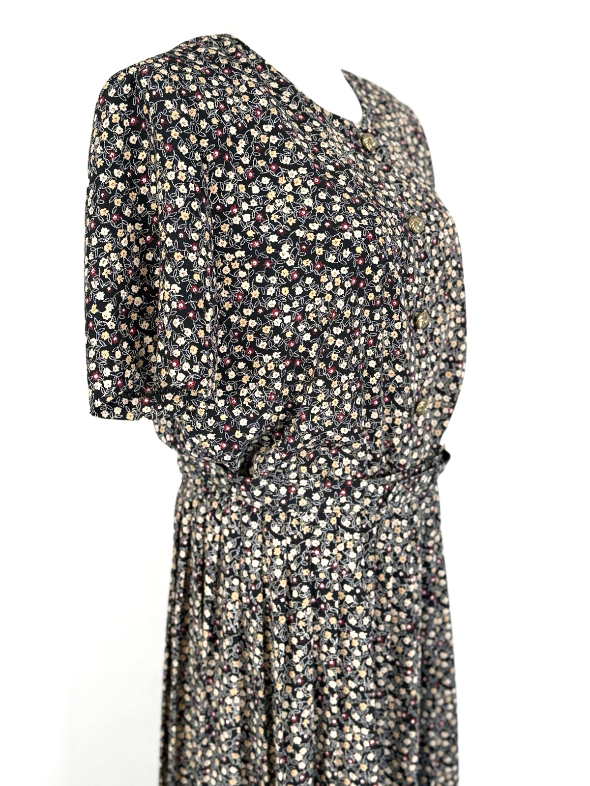 Leslie Fay Womans Size 14 Dress Floral Black Vintage Belted Midi Modest Classic