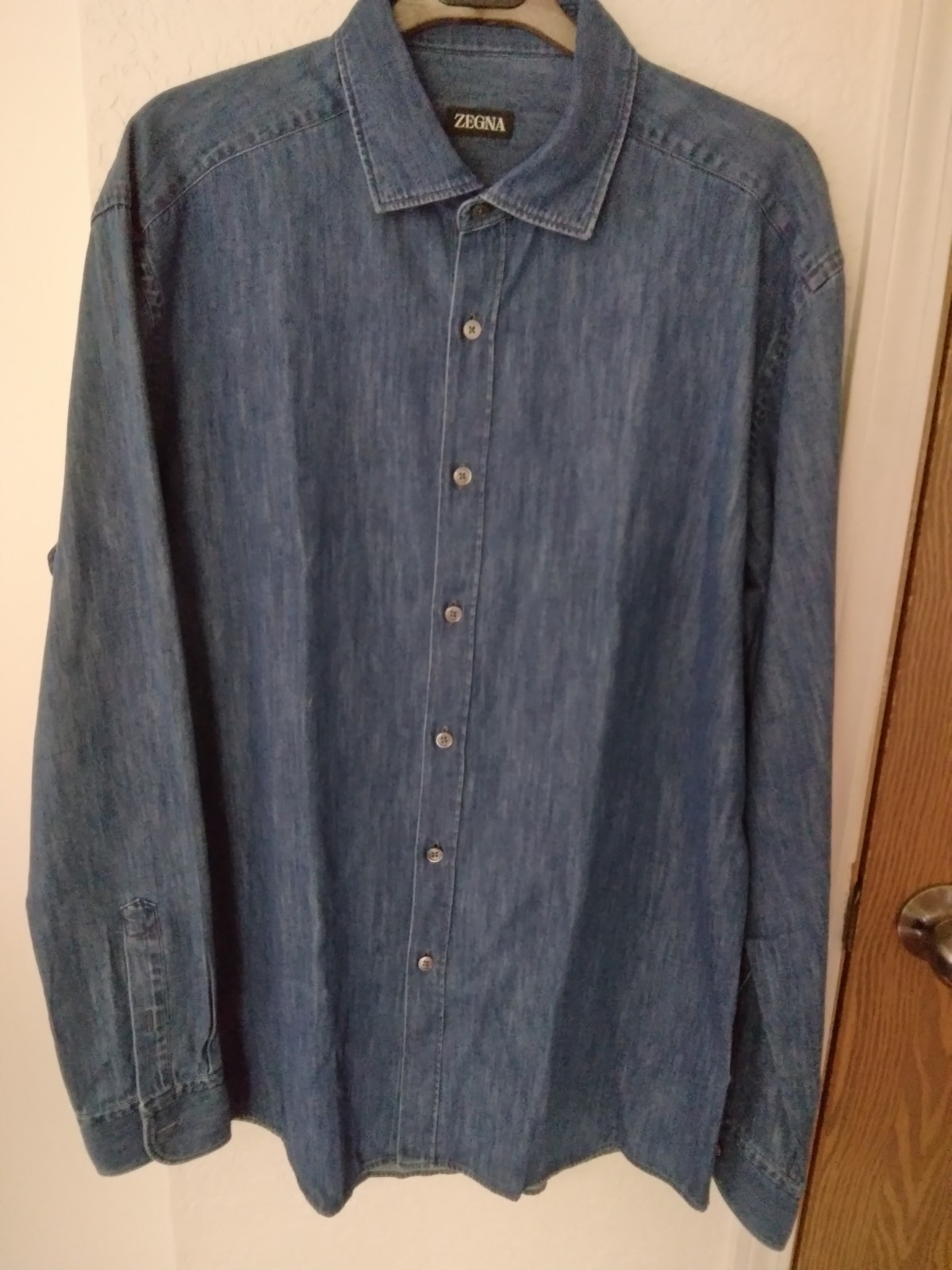 ZEGNA Denim Blue Sport Shirt Large Cotton/Linen Long Sleeve Reg Fit Button Up