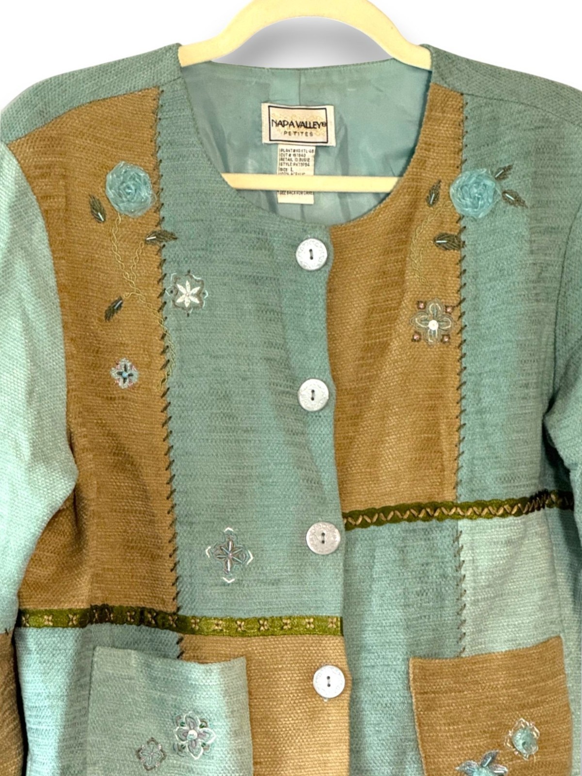 Vintage Napa Valley Petites Patchwork Jacket Size Large Blue Tan Floral Embroide