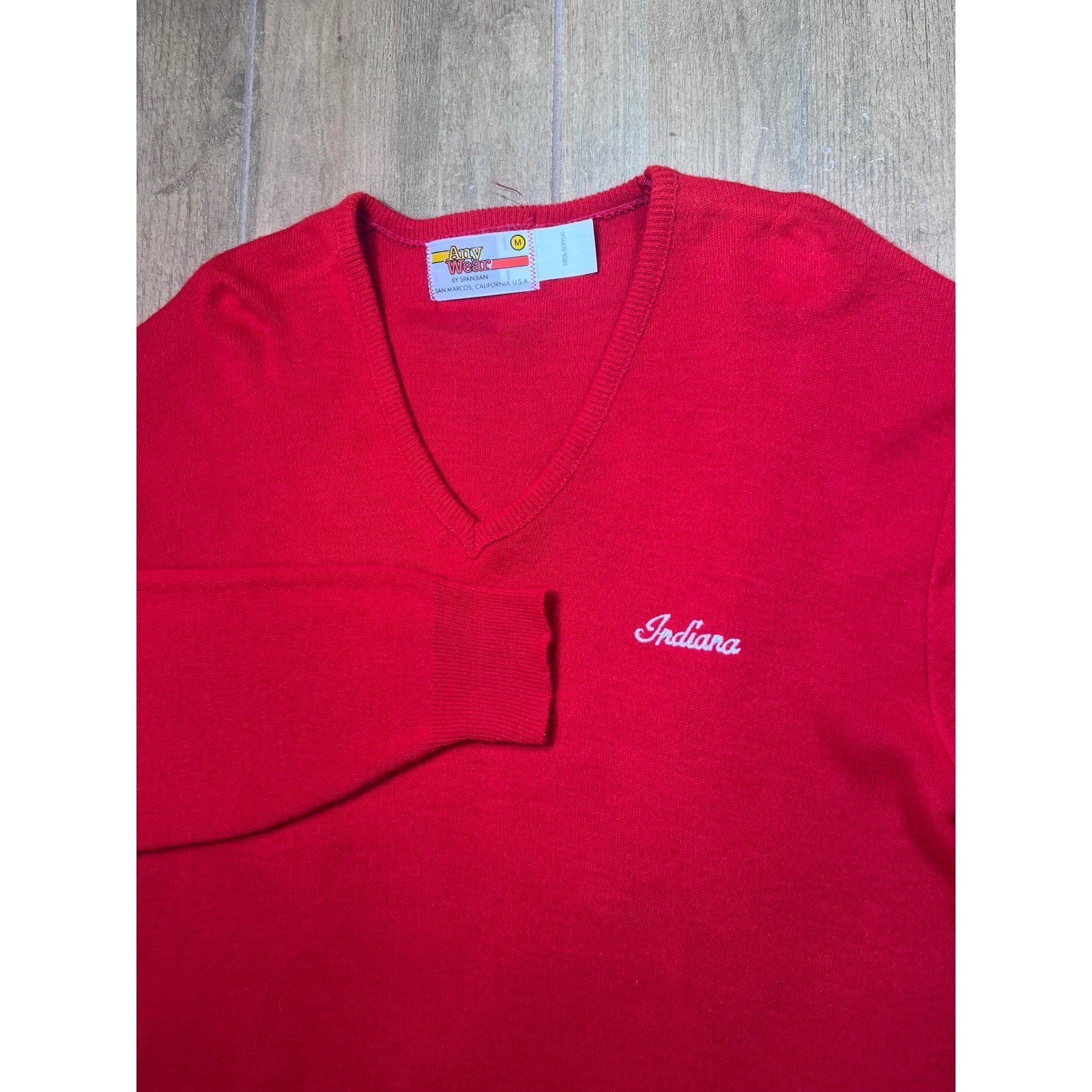 Vintage Any Wear Spanjian Indiana V-Neck Sweater Red Acrylic Knit Womens Medium