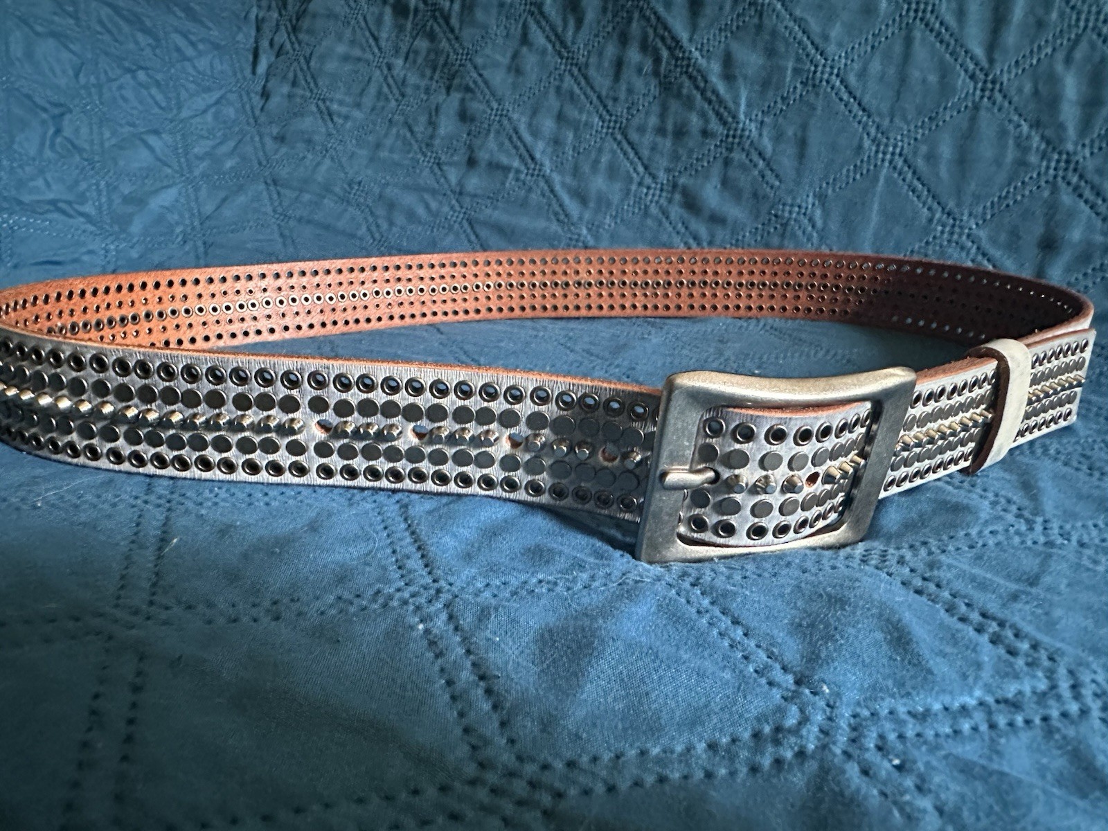 Vintage Silver Leather Studded Belt Grommets Cone Studs Punk Rock Goth Metal 45”