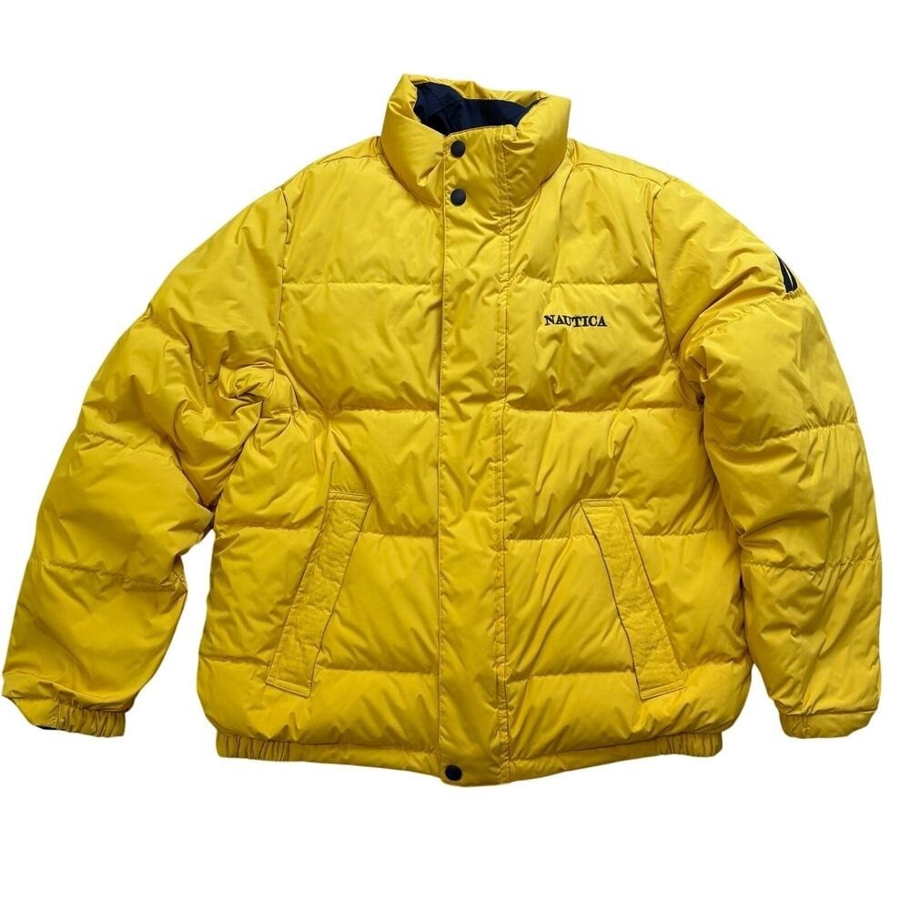 Nautica Sailing Puffer Jacket Vintage Reversible Blue Color Block Yellow 2XL 90s