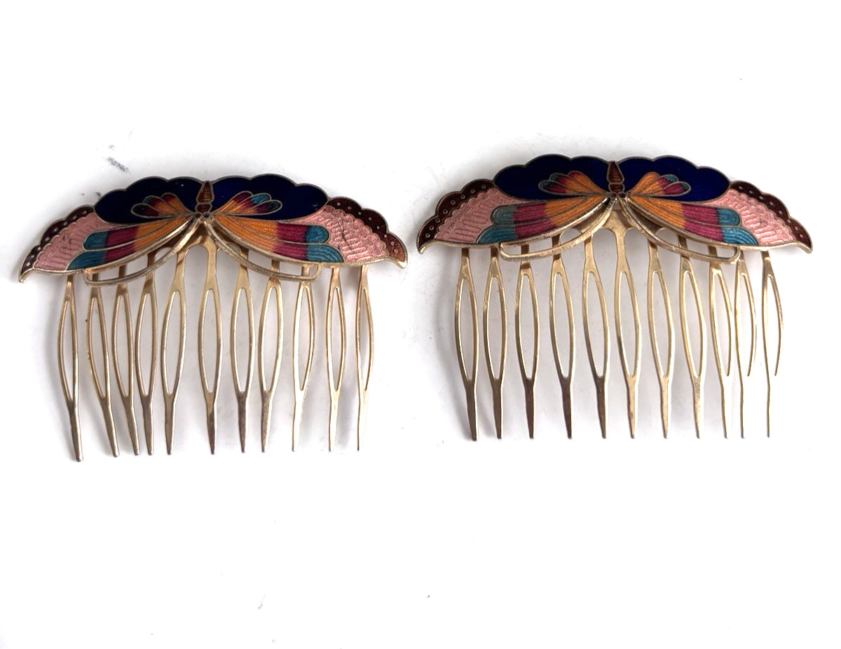 Set of two Vintage Cloisonné Hair Comb Enamel Floral Butterfly Design