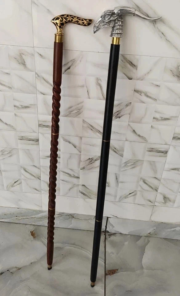 Set of 2 Brass Dragon & Floral Head Walking Sticks Wooden Vintage Gentleman Cane