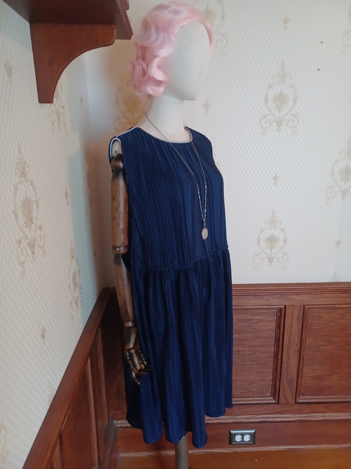 Vintage 1970s/80s Hal Ferman Sleeveless Accordion Pleat Navy Dress w/ White Trim