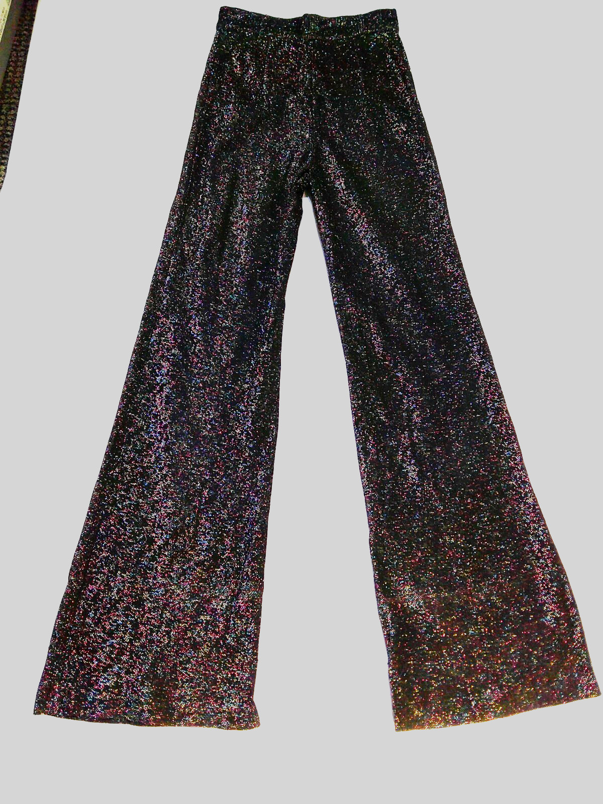 TRUE Vtg 70s GLITTER GLAM ROCK Black & Rainbow Color LUREX Flare Bell Pants XXS